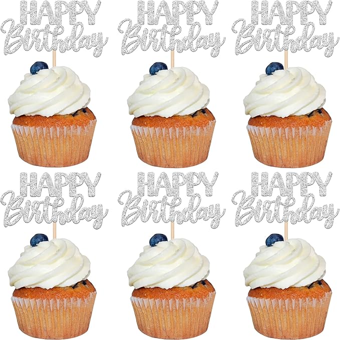 30 PCS Happy Birthday Cupcake Toppers Glitter Happy Birthday Cupcake Picks for Celebrating Birthday Anniversary Theme Party Cake Decorations Supplies Silver