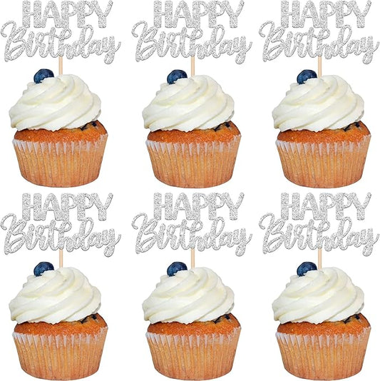 30 PCS Happy Birthday Cupcake Toppers Glitter Happy Birthday Cupcake Picks for Celebrating Birthday Anniversary Theme Party Cake Decorations Supplies Silver