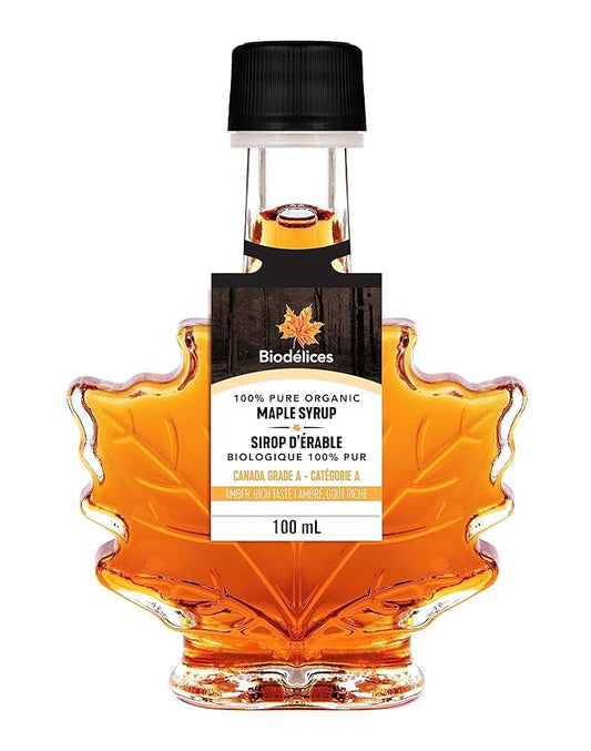 100% Pure Organic Maple Syrup, 100 ml (3.38 Fl Oz) - Premium Grade A - Quebec's Finest in Elegant Maple Leaf Bottle from Biodélices