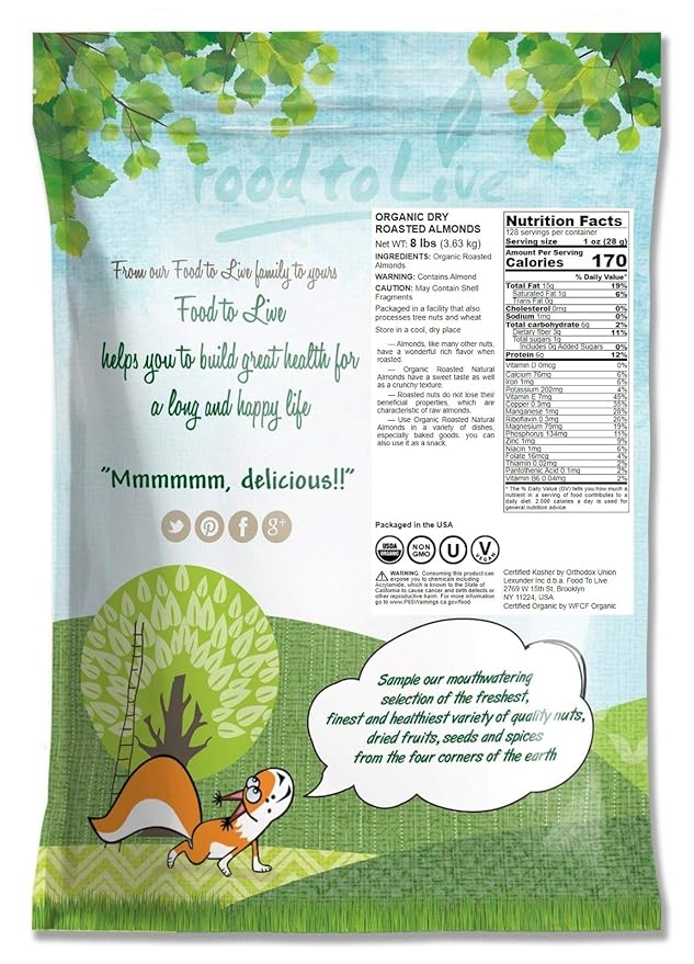 Food to Live Organic Dry Roasted Almonds, 8 Pounds – Non-GMO, Unsalted, Vegan, Keto, Paleo, Kosher, Bulk, High in Protein, Dietary Fiber, Vitamin E, Copper, Manganese, Magnesium, and Riboflavin.