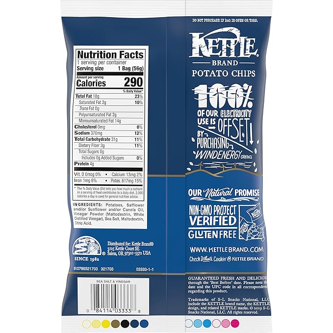 Kettle Brand Potato Chips, Salt & Vinegar Kettle Chips, Snack Bag, 2 Oz