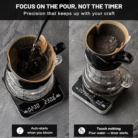 KitchenTour Caf챕Metric Coffee Scale with Timer 0.1g/2000g - Precision Scale for Espresso & Pour Over - Water Flow Speed Mode and Coffee Powder-to-Liquid Ratio Mode - Only Battery, LCD Display-Silver