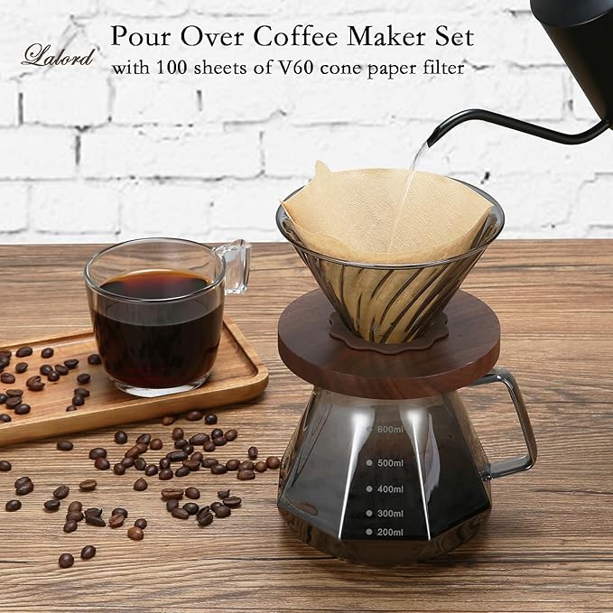 Pour Over Coffee Maker, 20 oz Borosilicate Glass Carafe with 100 pcs V60 Paper Filter, Walnut Handle & Glass Lid, Drip Coffee Maker for Home Caf챕 Restaurant Camping, 600 ml, Gray