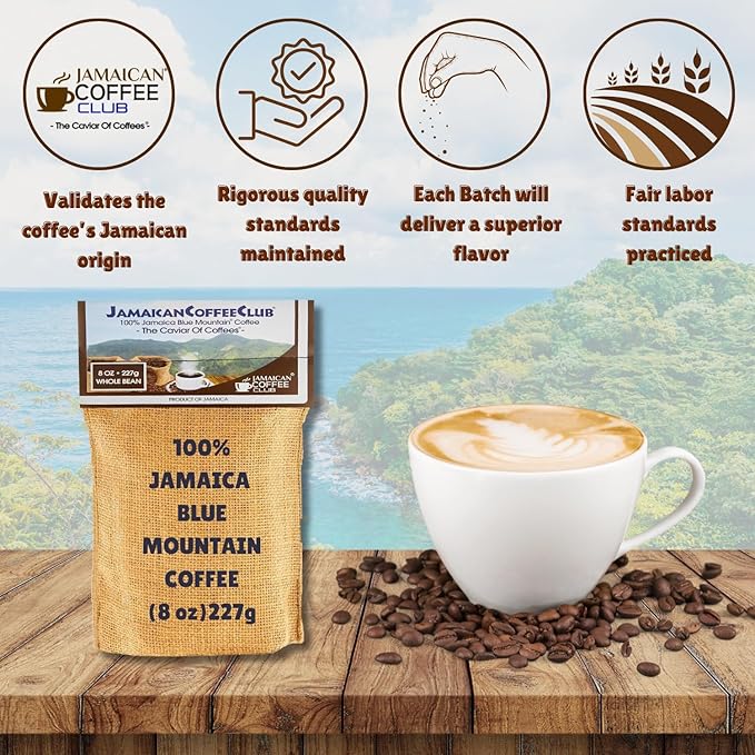 JamaicanCoffeeClub Blue Mountain Whole Bean Coffee ??WB 16oz 100% Jamaican Beans, Premium Roast, Bold Smooth Taste, Freshly Packed Coffee from Jamaica ??Rich Aroma Gourmet Blend