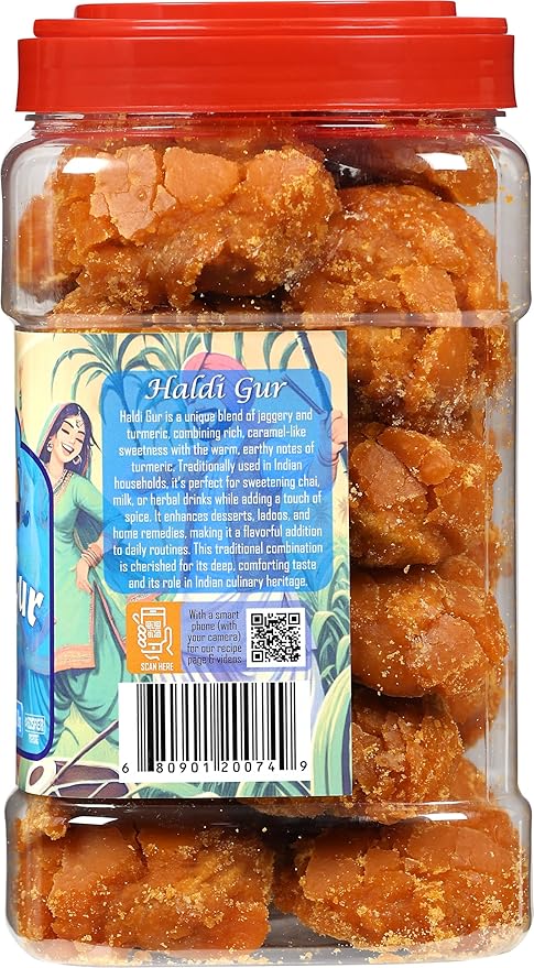 Rani Haldi Gur (Turmeric with Indian Jaggery) Indian Unrefined Raw Cane Sugar 70oz (4.4lbs) 2kg PET Jar ~ Gluten Friendly | Vegan | NON-GMO | Kosher | No Salt or fillers | Indian Product