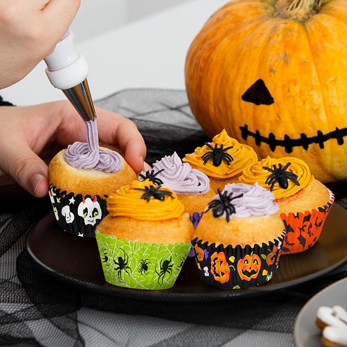 Whaline 600Pcs Halloween Cupcake Liners Pumpkin Witch Legs Bats Ghosts Spider Skulls Cupcake Wrappers Baking Cups Holders Muffin Baking Liners for Halloween Party Supply