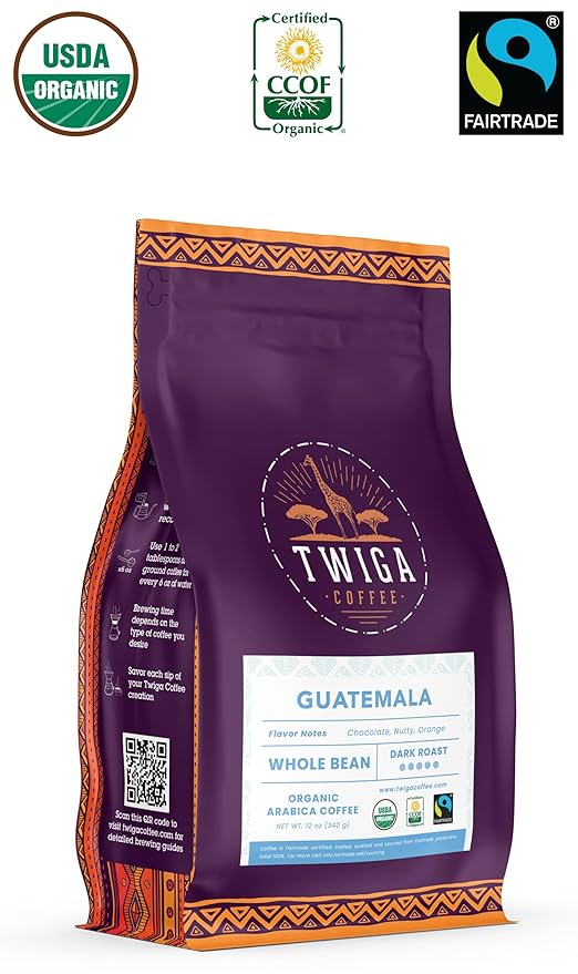 Twiga Coffee Guatemalan Coffee Beans ??Premium Dark Roast Arabica Guatemala Whole Beans with Rich Chocolate, Nutty & Orange Notes ??Single Origin Whole Bean Coffee ??12 oz