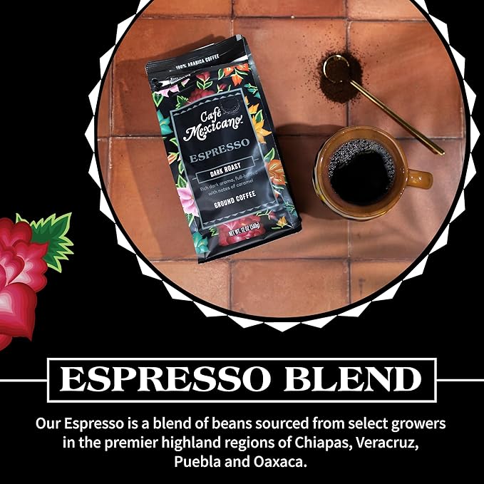 Caf챕 Mexicano - Espresso Ground Coffee - Specialty Arabica Coffee Sourced from Mexico - 12 oz. Bag