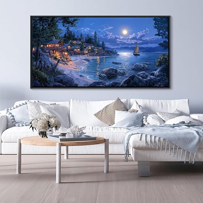 CHATYOUNG Coastal Living Room Wall Art, Large Blue Ocean Moon Night Seashore Canvas Black Framed Wall Pictures Modern Artwork Wall Painting for Bedroom Living Room Kitchen Home Office Decor 29x58 IN