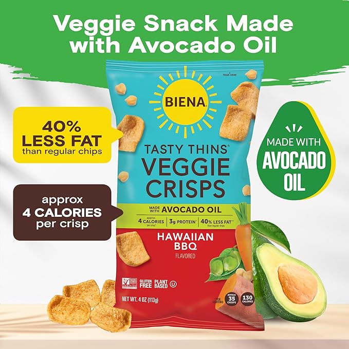 BIENA Tasty Thins Veggie Crisps ??Hawaiian BBQ, 4-Pack, 4 oz Bags ??Chickpeas & Veggies, Vegan, Gluten Free, Dairy-Free, Non-GMO, Allergy-Friendly, Healthy Snacks for Adults and Kids