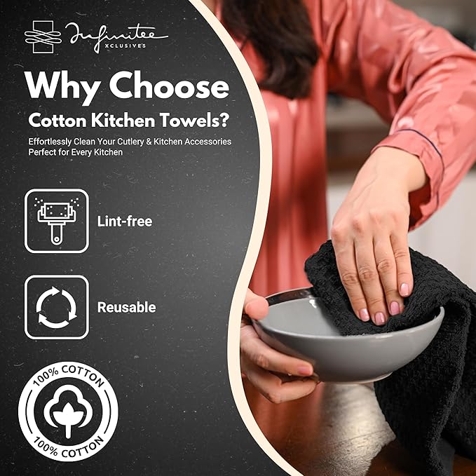 Infinitee Xclusives Premium Kitchen Towels - [Pack of 12] 100% Cotton Kitchen Hand Towels (15 x 25 Inches) - Dish Towels for Kitchen |Storm Black|