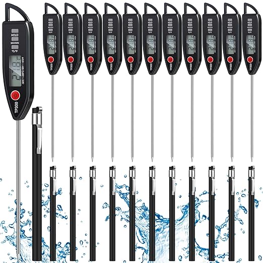 12 Set Waterproof Food Thermometer for Water, Liquid, Candle and Cooking Digital Meat Thermometer with Long Probe Instant Read for Kitchen BBQ Grill Candy (Black)
