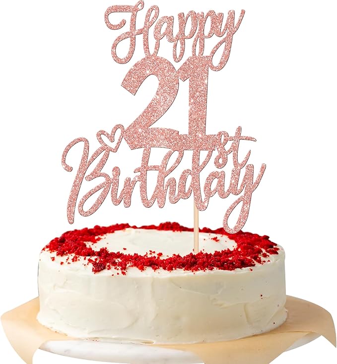 1 PCS Happy 21st Birthday Cake Topper Glitter Cheers to 21 Years Birthday Cake Pick Twenty One 21 Fabulous Cake Decoration for Happy 21st Birthday Anniversary Party Decorations Supplies Rose Gold