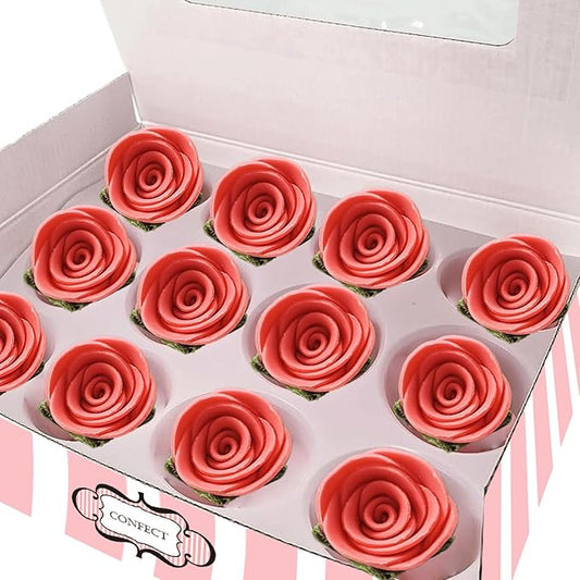 Confect Edible Coral Rose Cake Toppers | Handmade Edible Roses for Cakes, Cupcakes & Donuts | Floral Sugar Decorations for Wedding, Birthday & Festive Desserts ??Pack of 12