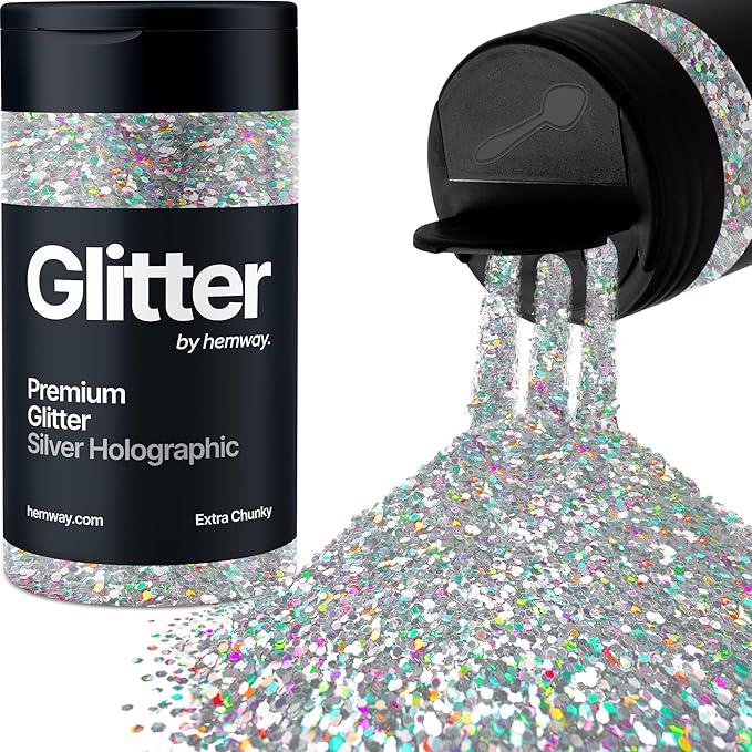 Hemway Premium Glitter Shaker - Silver Holographic | 115g Extra Chunky Metallic Flake Sequins for Resin & Epoxy Crafts | Craft Supplies for Tumblers, Festival, Art