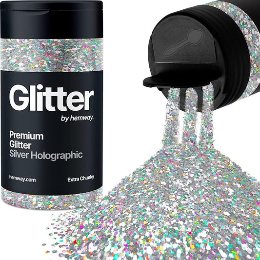 Hemway Premium Glitter Shaker - Silver Holographic | 115g Extra Chunky Metallic Flake Sequins for Resin & Epoxy Crafts | Craft Supplies for Tumblers, Festival, Art