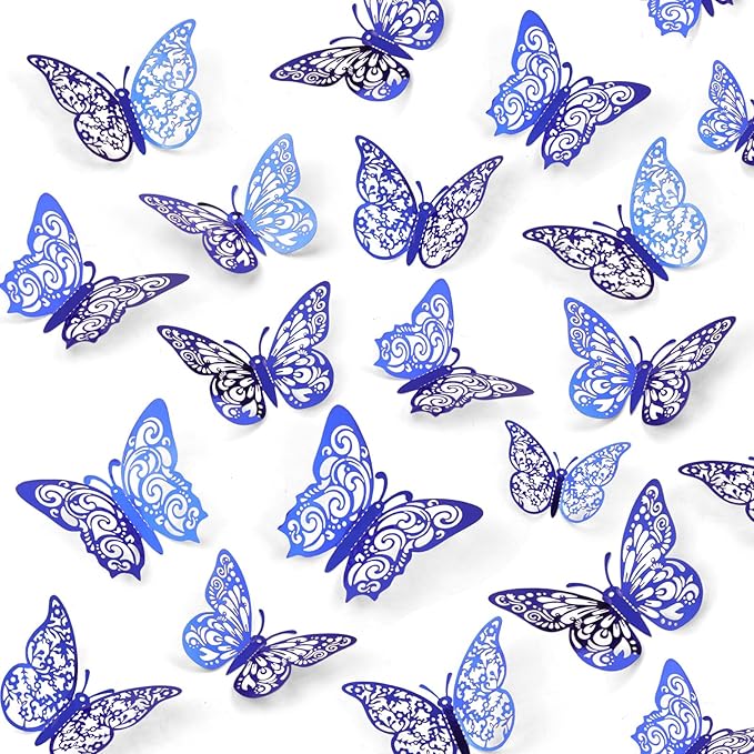 72 Pcs Butterfly Decorations - 3 Sizes, 3 Styles, 3D Wall Decor, Party & Birthday Decor, Blue