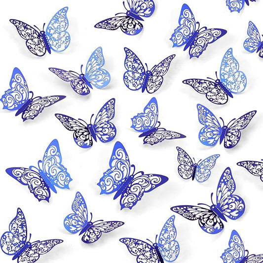 72 Pcs Butterfly Decorations - 3 Sizes, 3 Styles, 3D Wall Decor, Party & Birthday Decor, Blue