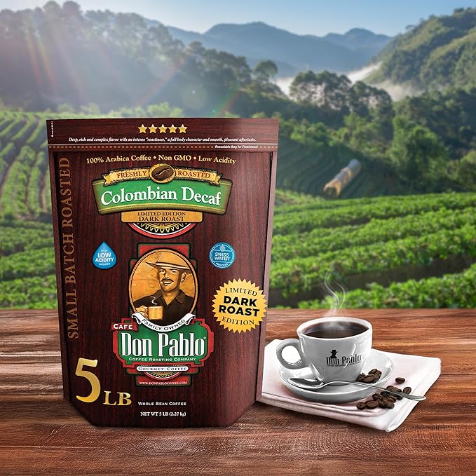 Don Pablo Colombian Decaf - Limited Edition Dark Roast Gourmet Coffee, Swiss Water Process Decaf, 100% Arabica Whole Bean, Non-GMO, Low Acidity, 5 Pound (5 lb) Bag