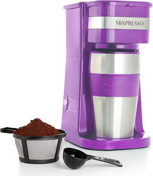 Mixpresso Purple Personal Single Serve Coffee Maker with 14oz Travel Mug, Drip Small Coffee Maker with Auto Shut Off, Reusable Filter, Works with Ground Coffee Only ??Not for K-Cup Pods