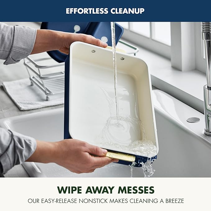 GreenPan Bakeware Set, 7 Piece Nonstick Ceramic Gold Handle Baking Sheets, Cake Pans, Loaf Pan, Muffin Tin, Cooling Rack, PFAS & BPA Free, Freezer to Oven Dish, Bake & Roast Ovenware, Oxford Blue