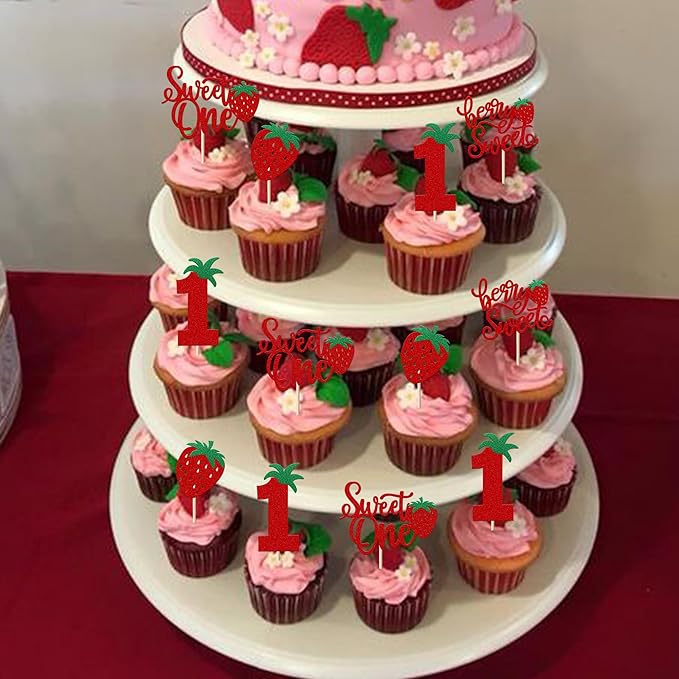 24 Pack Sweet One Cupcake Toppers Glitter First Birthday Strawberry Cupcake Picks for Fruit Baby Shower 1st Birthday Berry Sweet Cupcake Decorations Party Supplies Red