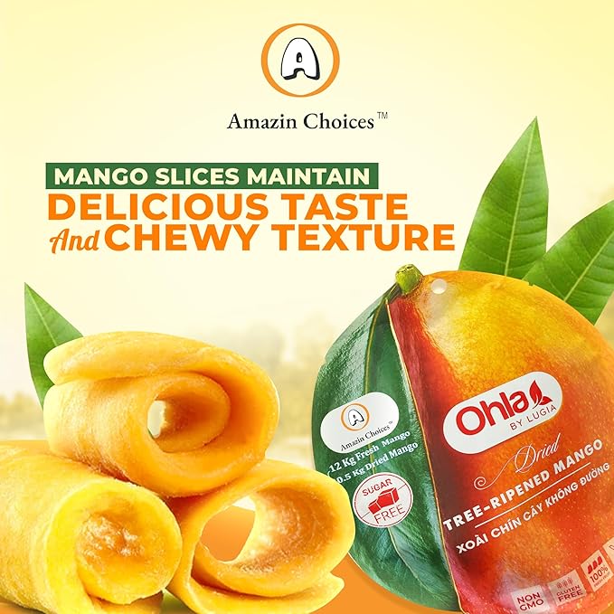 Dried Tree-Ripened Mango 7.05 Oz Pack - Premium Dried Mango Strips, Unsweetened, Non-GMO, Vegan, Gluten Free, Sugar-Free Fruit Slices for Delicious Snacking by Amazin Choices. Snack Viet Mangoes Slices