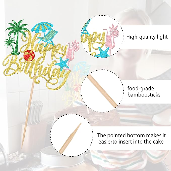 Rsstarxi 1 Pack Summer Beach Happy Birthday Cake Topper Chair Ball Umbrella Palm Tree Cupcake Picks Pool Birthday Cake Decorations for Summer Hawaiian Birthday Party Supplies Gold