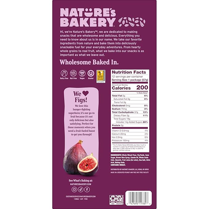 Nature?™s Bakery Whole Wheat Fig Bars, Original Fig, Real Fruit, Vegan, Non-GMO, Snack bar, 1 box with 12 twin packs (12 twin packs)