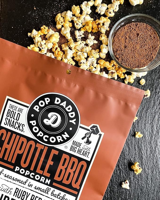 Pop Daddy Flavored Popcorn Gourmet, Chipotle BBQ Flavor Popped Popcorn, Hand Seasoned Ruby Red Kernels, Gluten Free Healthy Popcorn Snacks, 5oz Individual Bags, 3 Pack