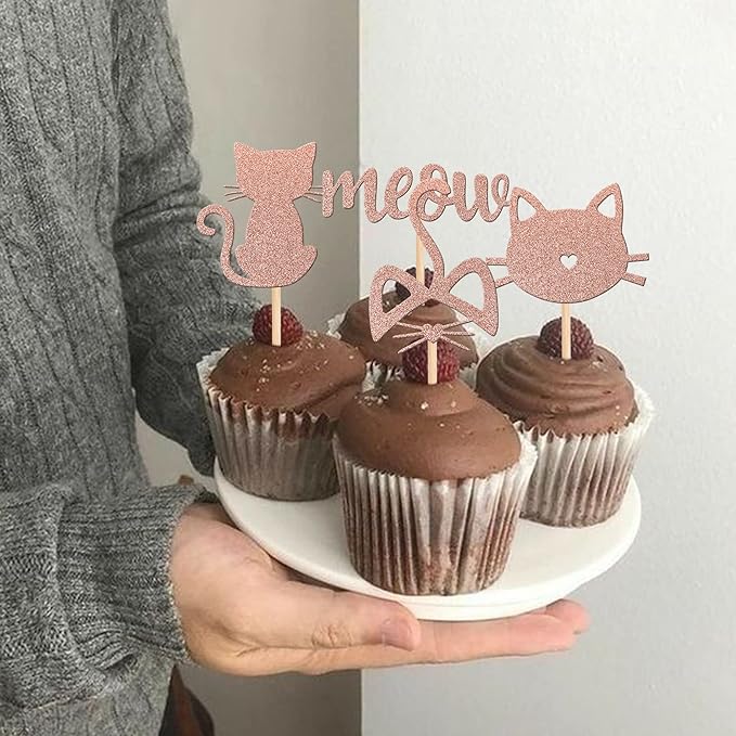 YCTHUNFISH Cat Cake Toppers - 24 Pc Black Glitter Kitten Themed Cupcake Decorations for Wedding, Birthday, Baby Shower - Rose Gold