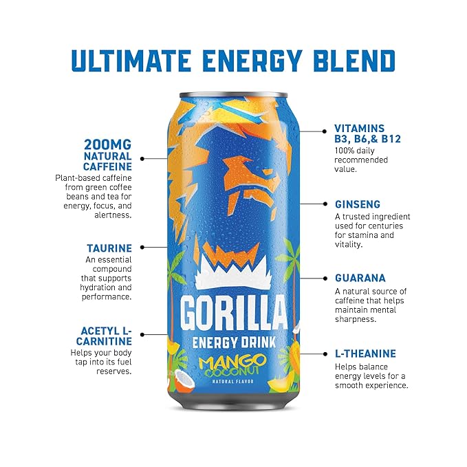 Gorilla Energy Drink, Mango Coconut, 200mg Natural Caffeine, Real Fruit Juice Squeezed &
