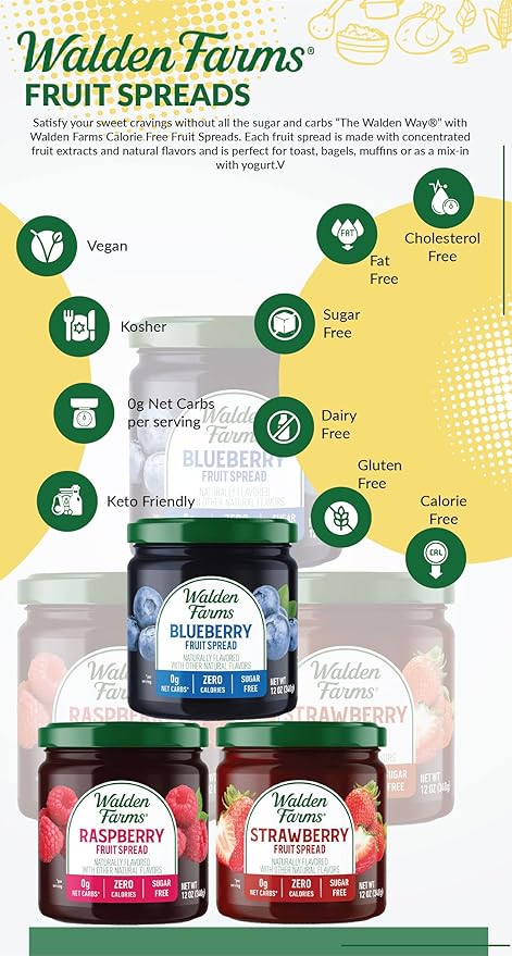 Walden Farms Fruit Spread Variety Pack Blueberry, Raspberry & Strawberry Fruit Flavors – Zero Calorie, Low Carb, Keto-Friendly, Vegan, Sugar-Free – 3-Pack, 12 oz Bottles