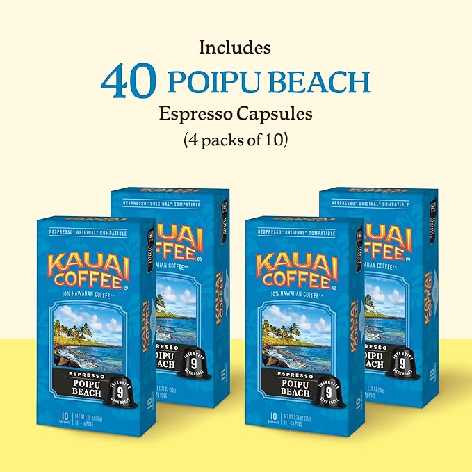 Kauai Coffee Espresso Pods Compatible with Nespresso Original Coffee Makers – Arabica Coffee, 10% Hawaiian – Dark Roast, Rich Cocoa & Smoky Finish – Poipu Beach, 4 Packs of 10 Espresso Pods