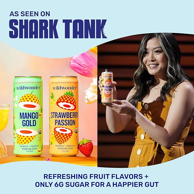 wildwonder Sparkling Probiotic Drink 12pk, For Gut Health & Immune Support, Mango Gold, 5g Prebiotic Fiber, Live Probiotics, Organic, Vegan, Low Sugar, 12 Pack, 12oz Can, As Seen on Shark Tank