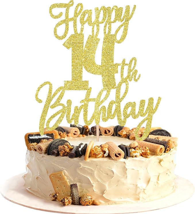 1 PCS Happy 14th Birthday Cake Topper Glitter Cheers to 14 Years Birthday Cake Pick Fourteen Hello 14 Fabulous Cake Decoration for Happy 14th Birthday Anniversary Party Decorations Supplies Gold