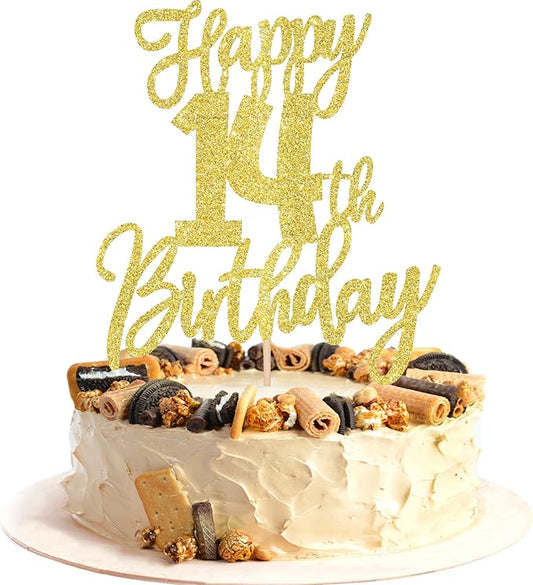 1 PCS Happy 14th Birthday Cake Topper Glitter Cheers to 14 Years Birthday Cake Pick Fourteen Hello 14 Fabulous Cake Decoration for Happy 14th Birthday Anniversary Party Decorations Supplies Gold