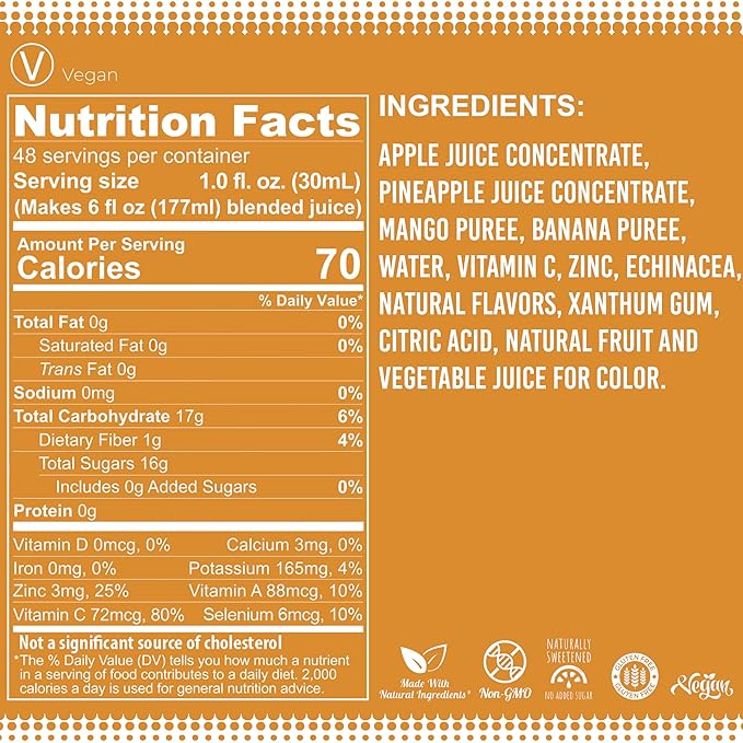 Fruniti Mango Smoothie Mix - Immunity + Antioxidants - No Sugar Added - Vitamin C, Zinc, & Echinacea - Pineapple, Apple, Banana, Mango Purée - Makes 24 Smoothies