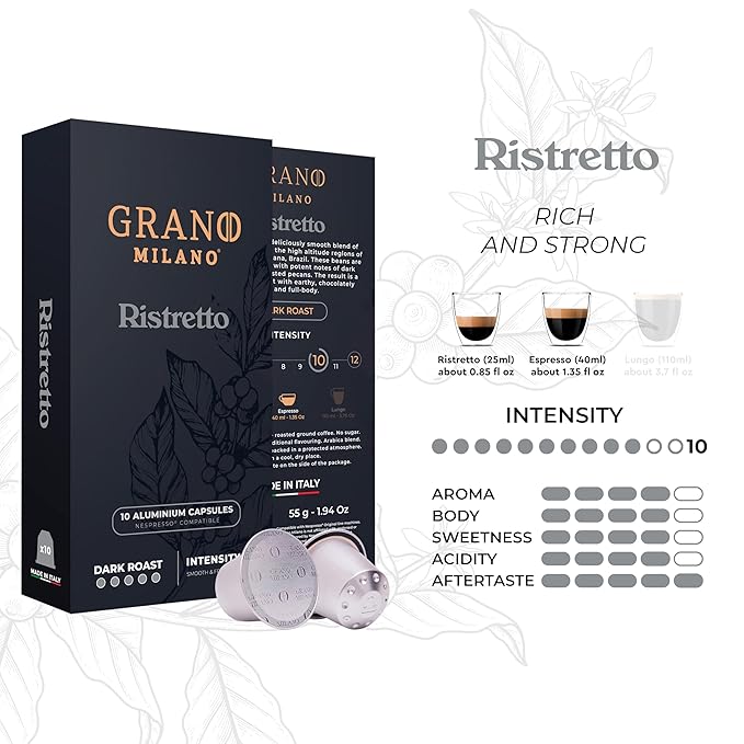 Grano Milano Ristretto Coffee Capsules - 100 Aluminum Coffee Pods Compatible with Nespresso Original line, Dark Roast - Intensity 10/12, Made in Italy