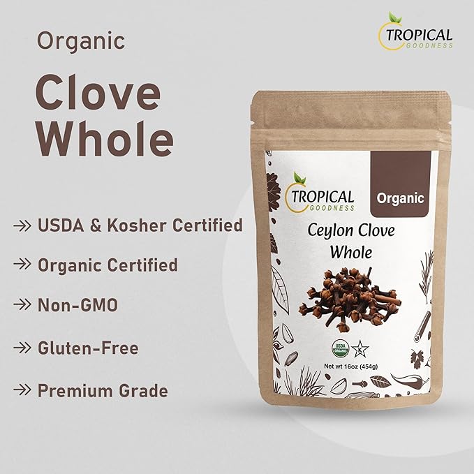 Tropical Goodness Pure Ceylon Clove Whole, Organic Whole Cloves, USDA & Kosher Certified, Premium Grade, 16 oz, Non-GMO, Gluten-Free (1 lb)