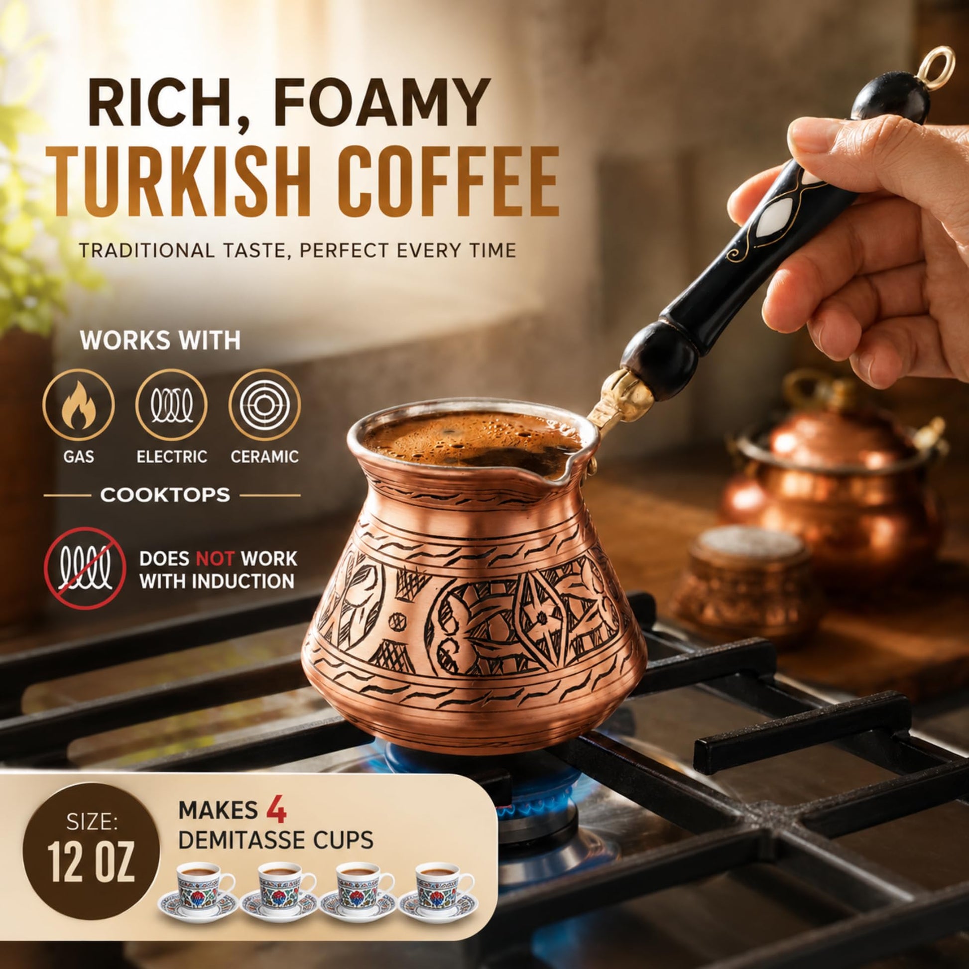 BCS 12 oz Handmade Copper Turkish Coffee Pot, Hand-Engraved Cezve & Spoon