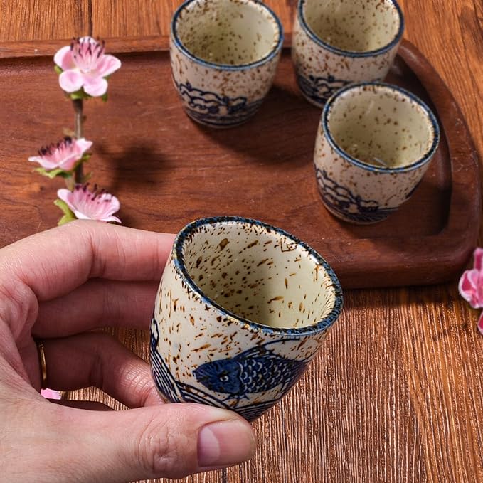 Porcelain Sake Cups of 6, Set of Cups for Japanese Wine Sake