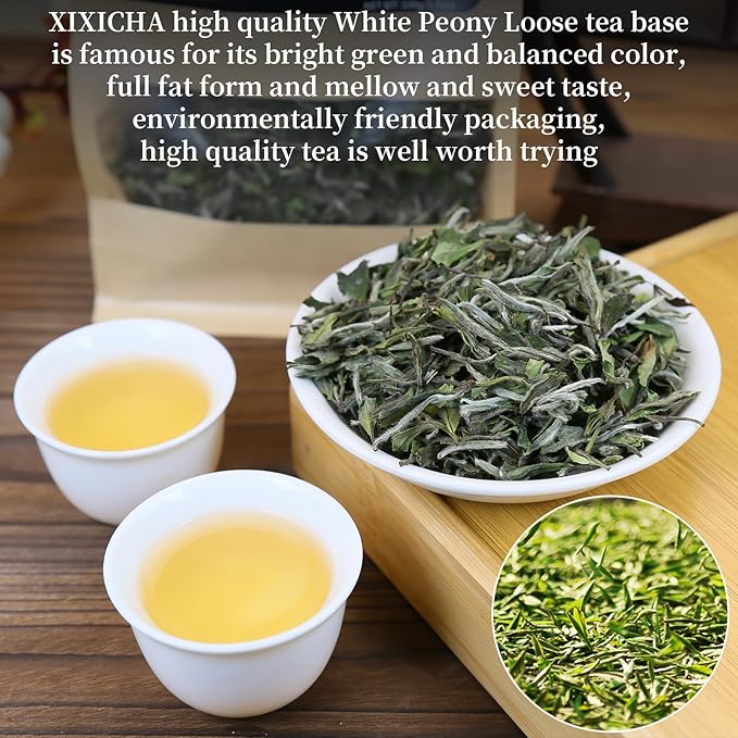 XIXICHA White Peony Tea White Tea Loose Leaf Pai Mu Dan Chinese Tea Peonies Low Caffeine Light & Mild & Smooth Taste 3.52oz/100g 白茶 白牡丹茶