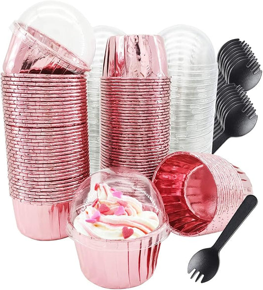 Cupcake Liners with Dome Lids 100Pack,Free-Air 3.5Oz Mini Foil Baking Cups Muffin Liners,Disposable Muffin Tin Cupcake Cups for Individual Bakery Wedding Birthday Party, with Spoons-Rose gold
