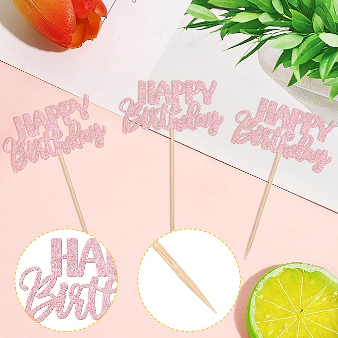30 PCS Happy Birthday Cupcake Toppers Glitter Happy Birthday Cupcake Picks for Celebrating Anniversary Theme Party Cake Decorations Supplies Light Pink