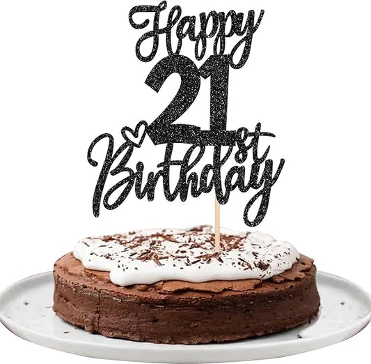 1 PCS Happy 21st Birthday Cake Topper Glitter Cheers to 21 Years Birthday Cake Pick Twenty One 21 Fabulous Cake Decoration for Happy 21st Birthday Anniversary Party Decorations Supplies Black