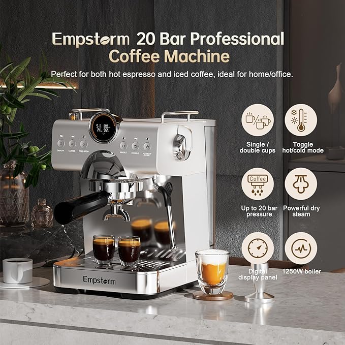 Espresso Machine with Milk Frother, Barista Coffee Machine, Cappuccino/Latte Maker, Espresso Coffee Machine for Home (20Bar Stainless Espresso Maker with Display)