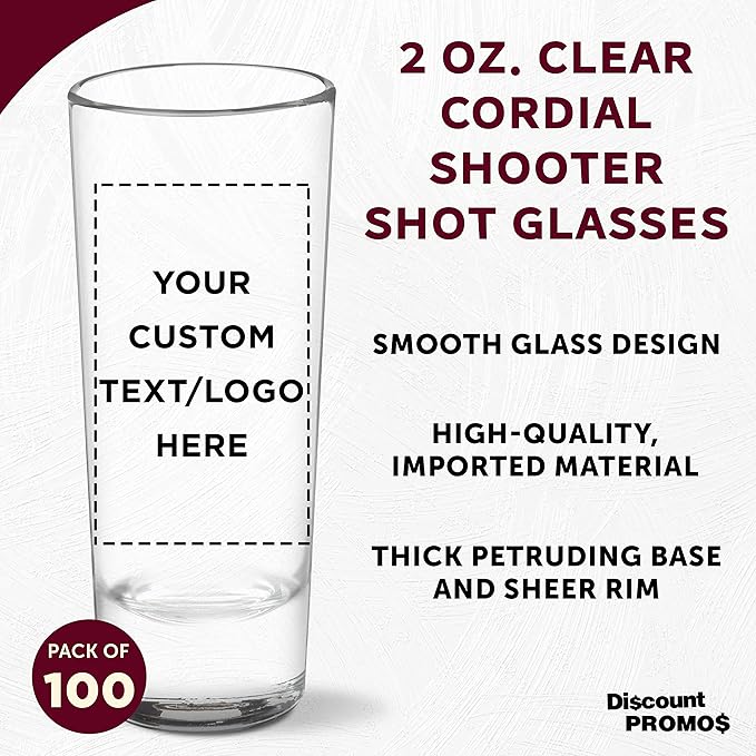 Custom Cordial Shooter Shot Glasses 2 oz. Set of 100, Personalized Bulk Pack - Great for Birthdays, Parties, Indoor & Outdoor Events - Clear