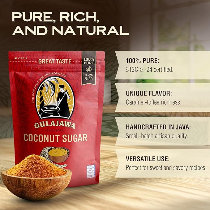 GULAJAWA Javanese Coconut Sugar for Coffee, Baking & Cooking Sauces. 100% Pure Premium Caramel-Toffee Flavor Golden Brown Coconut Palm Sugar. Great for Hot Cocoa, Desserts & Asian Cuisine. 1 lb