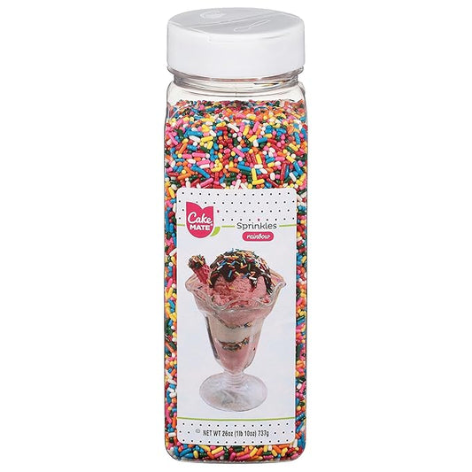 Cake Mate Dessert Sprinkles, Easy Pour Lid - Edible Cake Decorating and Baking Sprinkles for Cookies, Cupcakes, and Ice Cream Toppings (Rainbow, 26 oz)